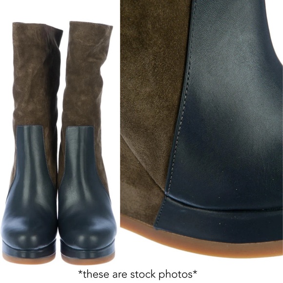 Jil Sander Brown Suede Black Leather Platform Wedge Boots Mid Calf Booties 36 6 - Picture 4 of 16